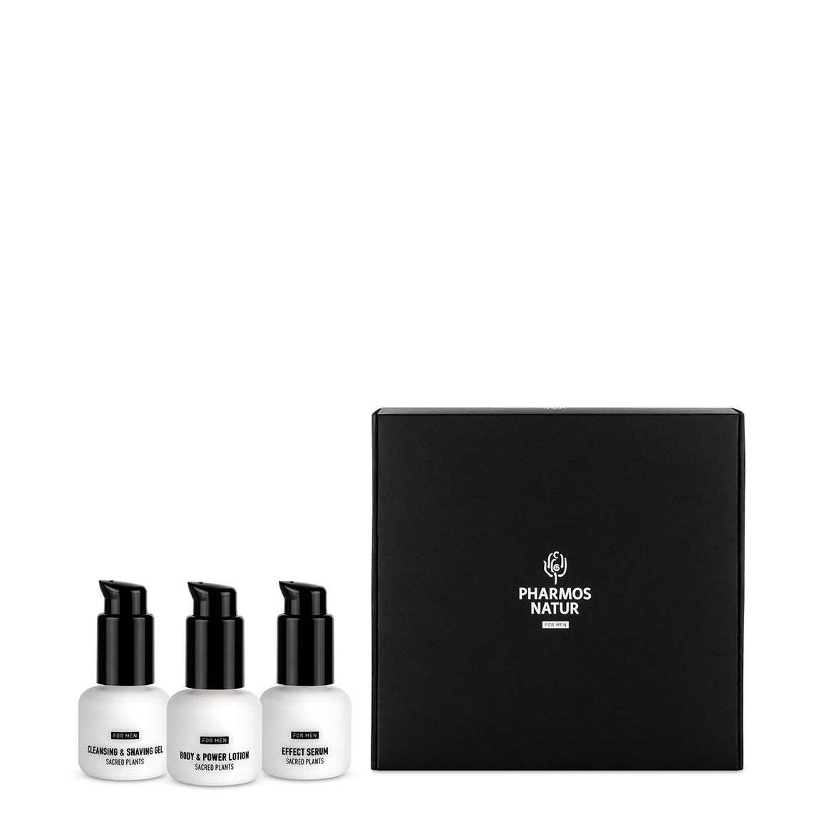 Nature of Men Reiseset von Pharmos Natur mit Effect Serum, Shaving & Cleansing Gel und Body & Power Lotion in praktischen Kleingrößen.